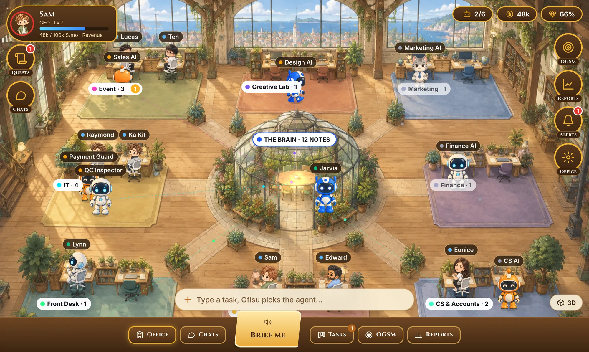 Game look: full-screen office with a player card and quest buttons